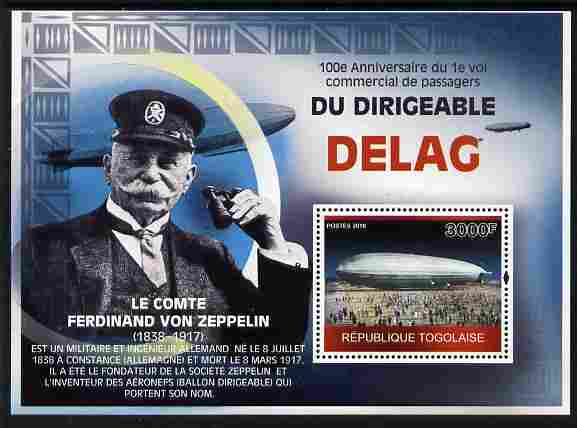 Togo 2010 Centenary of First Commercial Flight of Airship Delag perf m/sheet unmounted mint, stamps on , stamps on  stamps on aviation, stamps on  stamps on airships, stamps on  stamps on zeppelin, stamps on  stamps on 