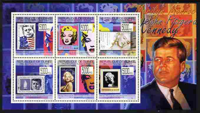 Guinea - Conakry 2009 Stamp on Stamp - John F Kennedy & Marilyn Monroe perf sheetlet containing 6 values unmounted mint , stamps on stamponstamp, stamps on stamp on stamp, stamps on personalities, stamps on kennedy, stamps on usa presidents, stamps on americana, stamps on films, stamps on cinema, stamps on movies, stamps on music, stamps on marilyn, stamps on monroe