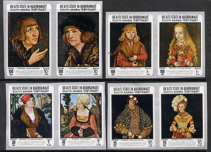 Aden - Qu'aiti 1967 Paintings by Cranach imperf set of 8 (4 se-tenant pairs) unmounted mint Mi 147-54 , stamps on arts    cranach