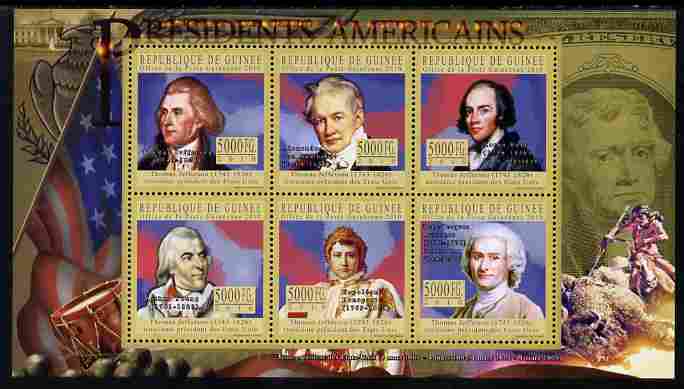 Guinea - Conakry 2010-11 Presidents of the USA #03 - Thomas Jefferson perf sheetlet containing 6 values unmounted mint , stamps on personalities, stamps on americana, stamps on constitutions, stamps on usa presidents, stamps on jefferson