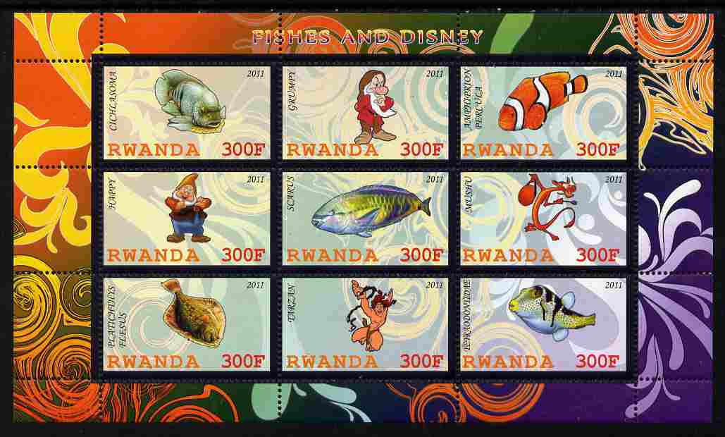 Rwanda 2011 Fish & Disney Characters #1 perf sheetlet containing 9 values unmounted mint, stamps on fish, stamps on disney, stamps on cartoons, stamps on films, stamps on cinema, stamps on movies, stamps on 