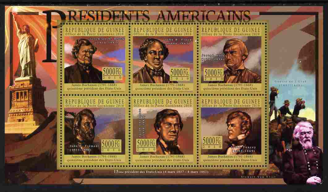 Guinea - Conakry 2010-11 Presidents of the USA #15 - James Buchanan perf sheetlet containing 6 values unmounted mint , stamps on americana, stamps on usa presidents, stamps on buchanan, stamps on statue of liberty, stamps on constitutions, stamps on militaria