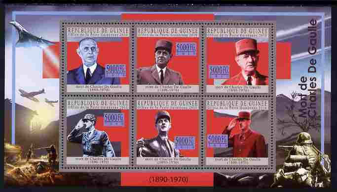 Guinea - Conakry 2010 Death Anniversary of Charles De Gaulle #1 perf sheetlet containing 6 values unmounted mint, Michel 7752-57, stamps on personalities, stamps on de gaulle, stamps on constitutions, stamps on  ww2 , stamps on militaria, stamps on aviation, stamps on concorde