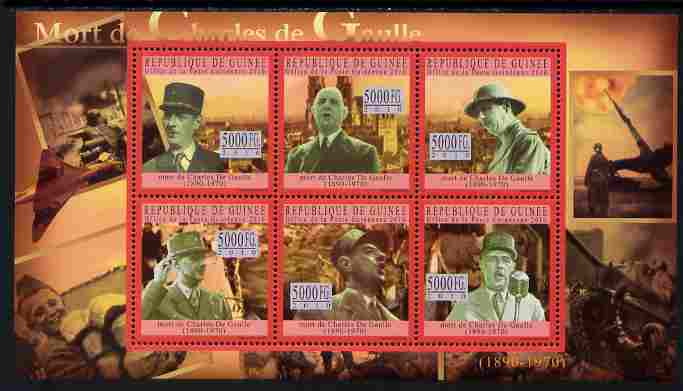 Guinea - Conakry 2010 Death Anniversary of Charles De Gaulle #2 perf sheetlet containing 6 values unmounted mint, Michel 7746-51, stamps on personalities, stamps on de gaulle, stamps on constitutions, stamps on  ww2 , stamps on militaria, stamps on aviation