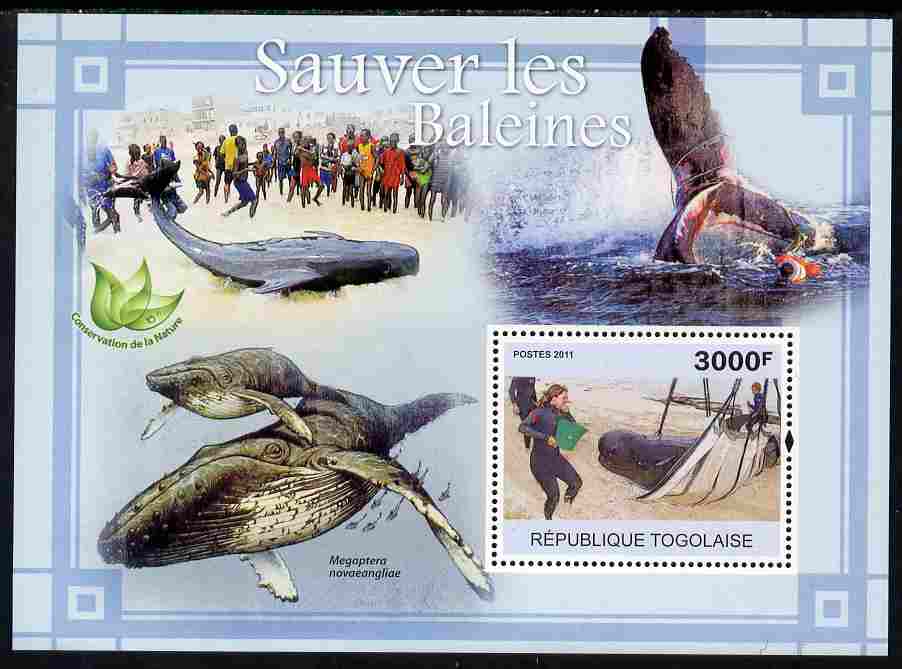 Togo 2011 Save the Whales perf s/sheet unmounted mint, stamps on marine life, stamps on whales