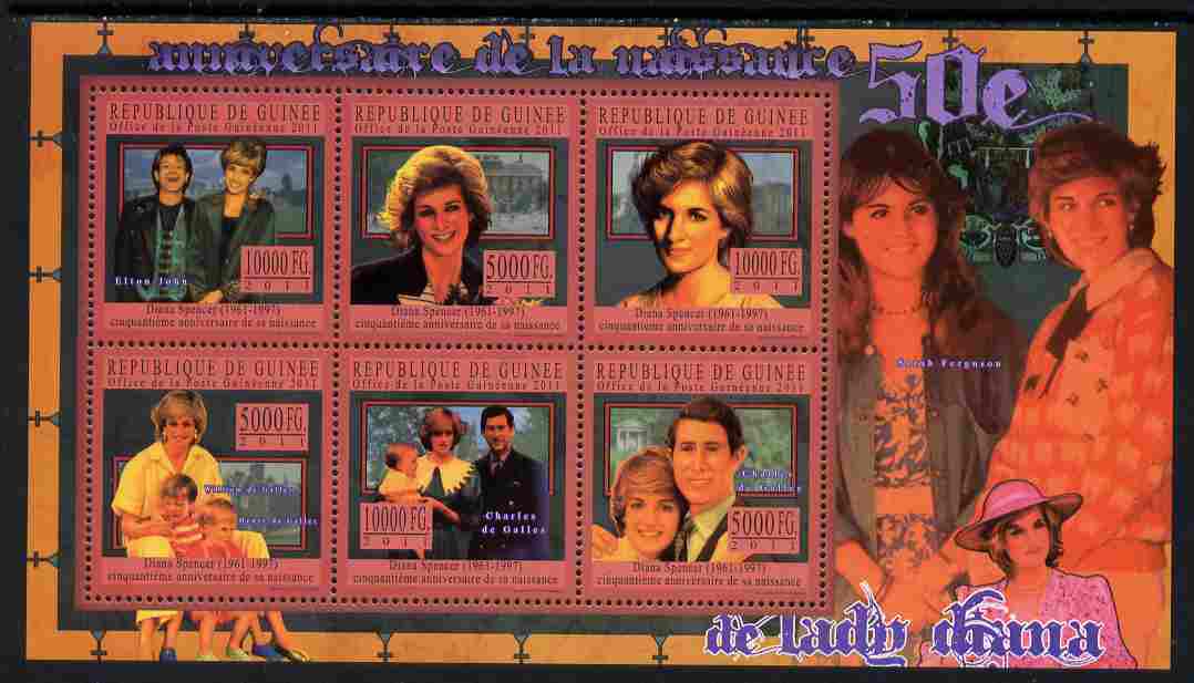 Guinea - Conakry 2011 50th Birth Anniversary of Princess Diana #2 perf sheetlet containing 6 values unmounted mint Michel 8108-13, stamps on personalities, stamps on royalty, stamps on diana, stamps on women