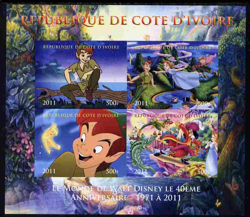 Ivory Coast 2011 The World of Walt Disney - Peter Pan imperf sheetlet containing 4 values unmounted mint. Note this item is privately produced and is offered purely on its thematic appeal, stamps on , stamps on  stamps on disney, stamps on  stamps on films, stamps on  stamps on cinema, stamps on  stamps on movies, stamps on  stamps on cartoons, stamps on  stamps on 