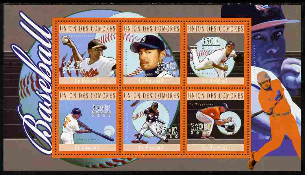 Comoro Islands 2010 Baseball perf sheetlet containing 6 values unmounted mint, stamps on sport, stamps on baseball