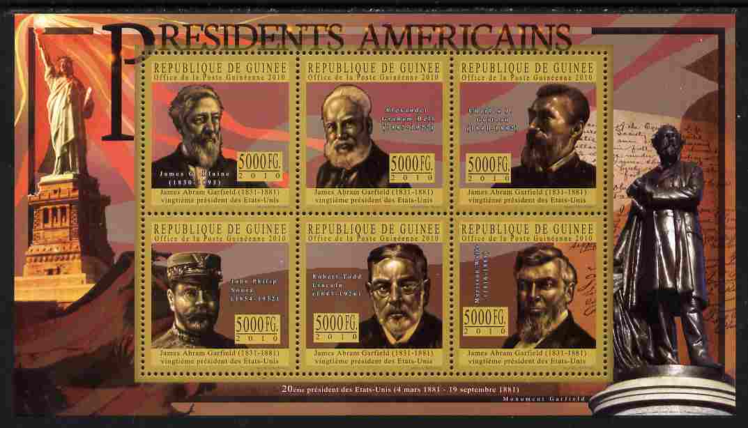 Guinea - Conakry 2010-11 Presidents of the USA #20 - James A Garfield perf sheetlet containing 6 values unmounted mint Michel 8030-35, stamps on americana, stamps on usa presidents, stamps on constitutions, stamps on statue of liberty, stamps on 