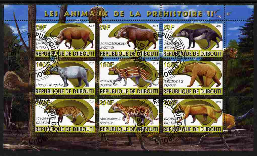 Djibouti 2011 Prehistoric Animals #2 perf sheetlet containing 9 values fine cto used, stamps on dinosaurs