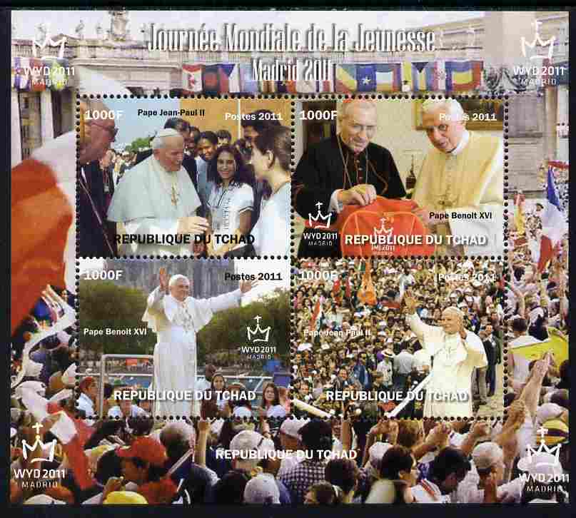 Chad 2011 World Youth Day perf sheetlet containing 4 values unmounted mint. Note this item is privately produced and is offered purely on its thematic appeal, stamps on personalities, stamps on pope, stamps on popes, stamps on religion
