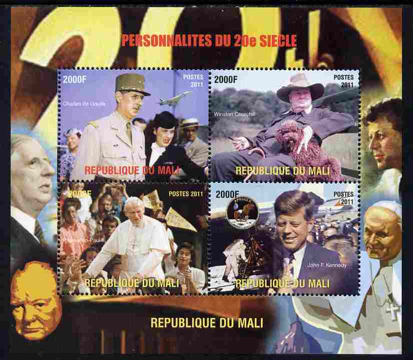 Mali 2011 Personalities of the 20th Century (de Gaulle, Churchill, Pope & Kennedy) perf sheetlet containing 4 values unmounted mint. Note this item is privately produced and is offered purely on its thematic appeal, stamps on personalities, stamps on churchill, stamps on constitutions, stamps on  ww2 , stamps on masonry, stamps on masonics, stamps on kennedy, stamps on usa presidents, stamps on americana, stamps on de gaulle, stamps on pope, stamps on popes, stamps on religion, stamps on concorde