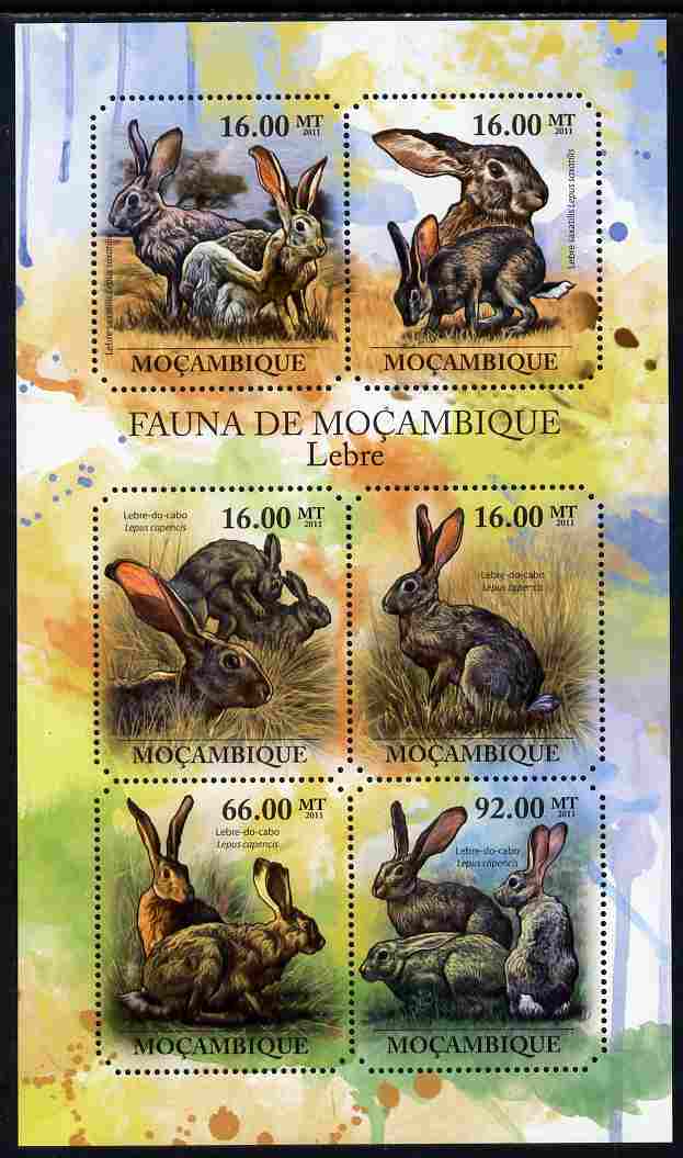 Mozambique 2011 Hares perf sheetlet containing 6 octagonal shaped values unmounted mint, stamps on shaped, stamps on animals, stamps on hares