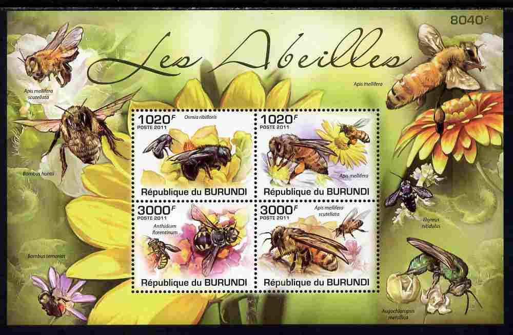 Burundi 2011 Bees perf sheetlet containing 4 values unmounted mint , stamps on insects, stamps on bees, stamps on honey
