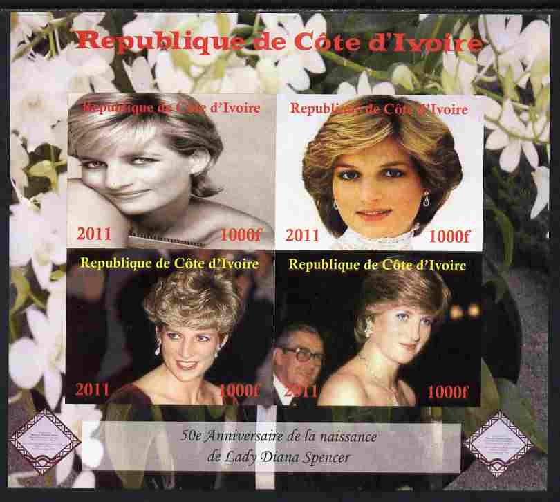 Ivory Coast 2011 50th Birth Anniversary of Princess Diana imperf sheetlet containing 4 values unmounted mint. Note this item is privately produced and is offered purely on its thematic appeal, it has no postal validity, stamps on diana, stamps on royalty