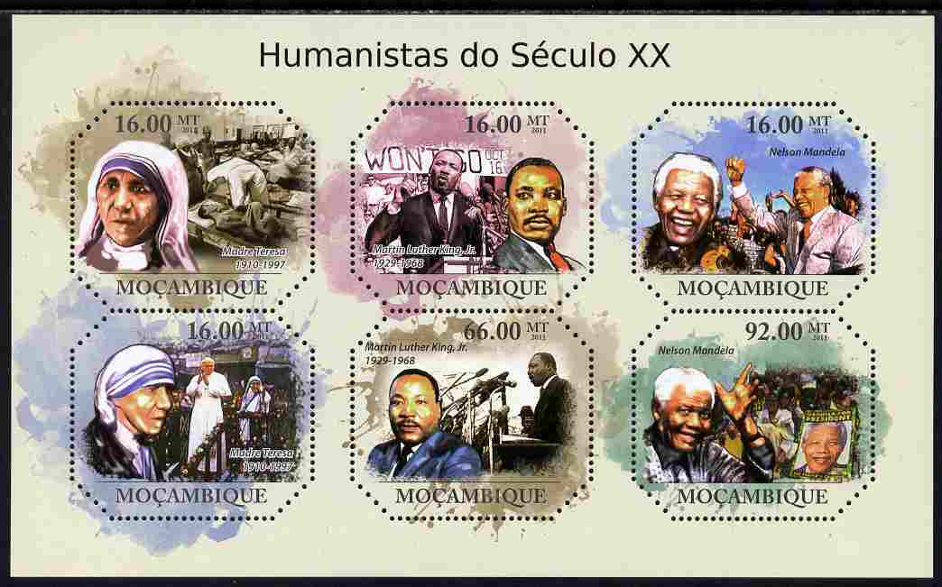 Mozambique 2011 Humanitarians of the 20th Century perf sheetlet containing six octagonal shaped values unmounted mint , stamps on shaped, stamps on personalities, stamps on mandela, stamps on nobel, stamps on peace, stamps on racism, stamps on human rights, stamps on teresa, stamps on women, stamps on luther king, stamps on 