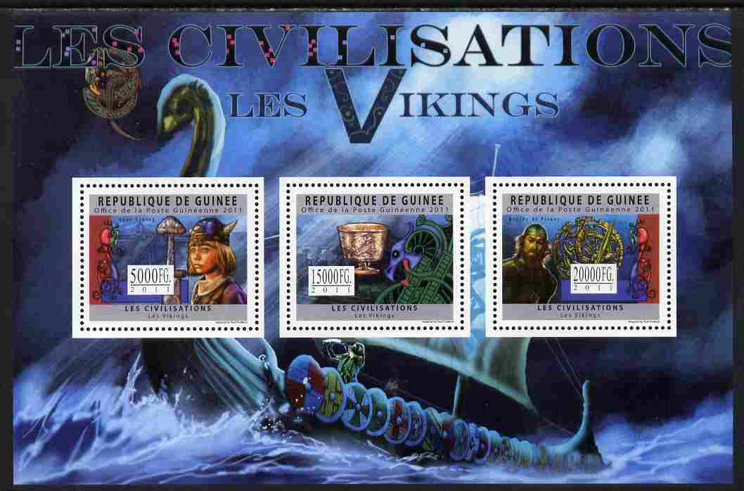 Guinea - Conakry 2011 Civilizations - The Vikings perf sheetlet containing 3 values unmounted mint, stamps on cultures, stamps on vikings, stamps on ships, stamps on treasures