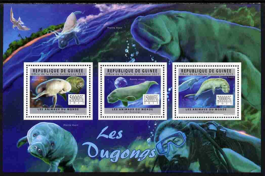 Guinea - Conakry 2011 Dugongs perf sheetlet containing 3 values unmounted mint, stamps on marine life, stamps on dugongs, stamps on scuba