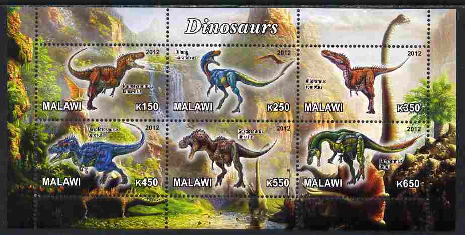 Malawi 2012 Dinosaurs #03 perf sheetlet containing 6 values unmounted mint, stamps on dinosaurs
