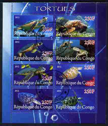 Congo 2012 Turtles perf sheetlet containing 8 values fine cto used, stamps on marine life, stamps on turtles