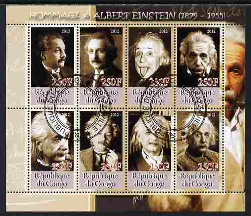Congo 2012 Albert Einstein perf sheetlet containing 8 values fine cto used, stamps on personalities, stamps on einstein, stamps on science, stamps on physics, stamps on nobel, stamps on maths, stamps on space, stamps on judaica, stamps on atomics, stamps on mathematics, stamps on judaism