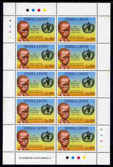 Sierra Leone 1992 Anniversaries & Events - World Health Organisation 200L in complete perf sheetlet of 10 unmounted mint SG 1946, stamps on food, stamps on  ffh , stamps on children, stamps on united nations, stamps on  who , stamps on medical
