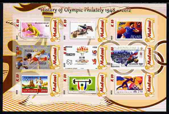 Malawi 2012 History of Olympic Philately #05 imperf sheetlet containing 9 values unmounted mint, stamps on olympics, stamps on stamp on stamp, stamps on stampon, stamps on 