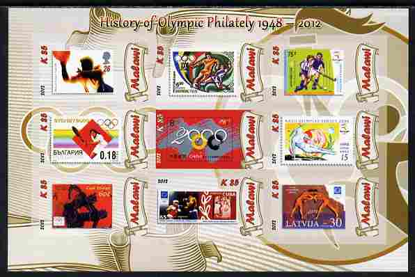 Malawi 2012 History of Olympic Philately #07 imperf sheetlet containing 9 values unmounted mint, stamps on olympics, stamps on stamp on stamp, stamps on stampon, stamps on 