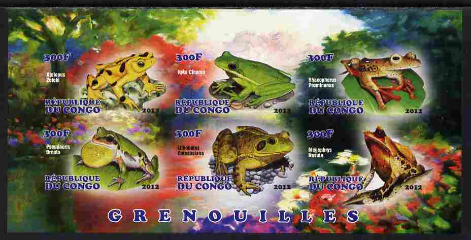 Congo 2012 Frogs imperf sheetlet containing 6 values unmounted mint, stamps on frogs, stamps on amphibians