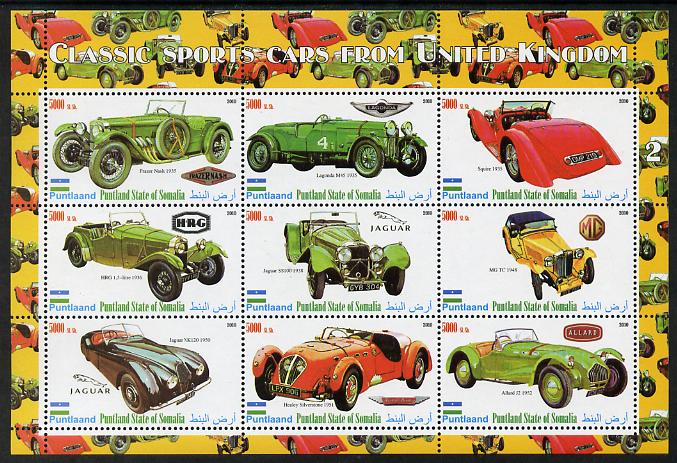 Puntland State of Somalia 2010 Classic Sports Cars of United Kingdom #1 perf sheetlet containing 9 values unmounted mint, stamps on cars, stamps on lagonda, stamps on frazer nash, stamps on jaguar, stamps on  mg , stamps on allard, stamps on austin healey