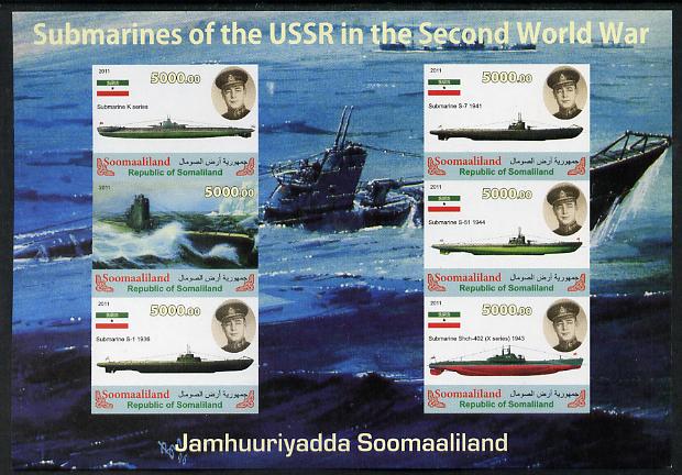 Somaliland 2011 Russian Submarines of Second World War #1 imperf sheetlet containing 6 values unmounted mint, stamps on ships, stamps on submarines, stamps on  ww2 , stamps on 