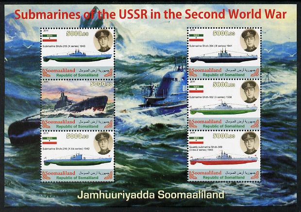 Somaliland 2011 Russian Submarines of Second World War #2 perf sheetlet containing 6 values unmounted mint, stamps on ships, stamps on submarines, stamps on  ww2 , stamps on 