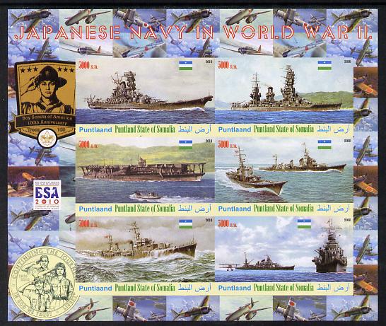 Puntland State of Somalia 2010 Japanese Navy in Second World War #2 imperf sheetlet containing 6 with Scout badges values unmounted mint, stamps on ships, stamps on scouts, stamps on flat tops, stamps on 