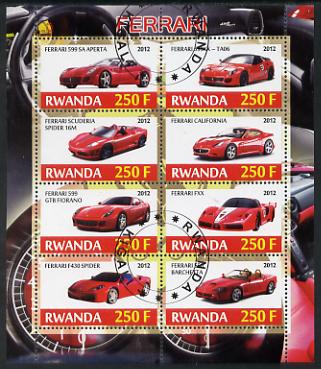 Rwanda 2012 Ferrari perf sheetlet containing 8 values fine cto used, stamps on cars, stamps on ferrari