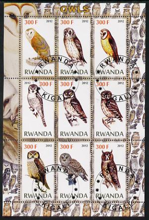 Rwanda 2012 Owls perf sheetlet containing 9 values fine cto used, stamps on birds, stamps on birds of prey, stamps on owls