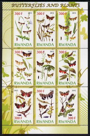 Rwanda 2012 Butterflies & Plants #1 perf sheetlet containing 9 values unmounted mint, stamps on butterflies, stamps on flowers