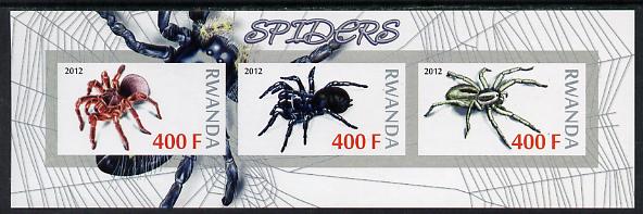 Rwanda 2012 Spiders imperf sheetlet containing 3 values unmounted mint, stamps on insects, stamps on spiders