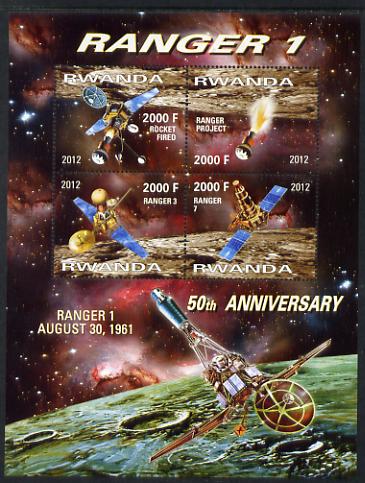 Rwanda 2012 Space - 50th Anniversary of Ranger 1 perf sheetlet containing 4 values unmounted mint, stamps on space, stamps on rockets, stamps on satellites, stamps on planets