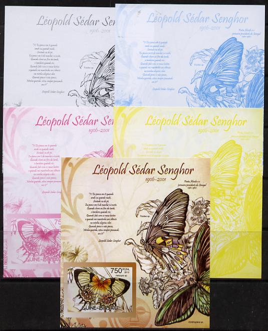 Guinea - Bissau 2012 Commemorating Leopold Sedar Senghor - Butterflies #4 deluxe sheet - the set of 5 imperf progressive proofs comprising the 4 individual colours plus all 4-colour composite, unmounted mint , stamps on personalities, stamps on constitutions, stamps on butterflies