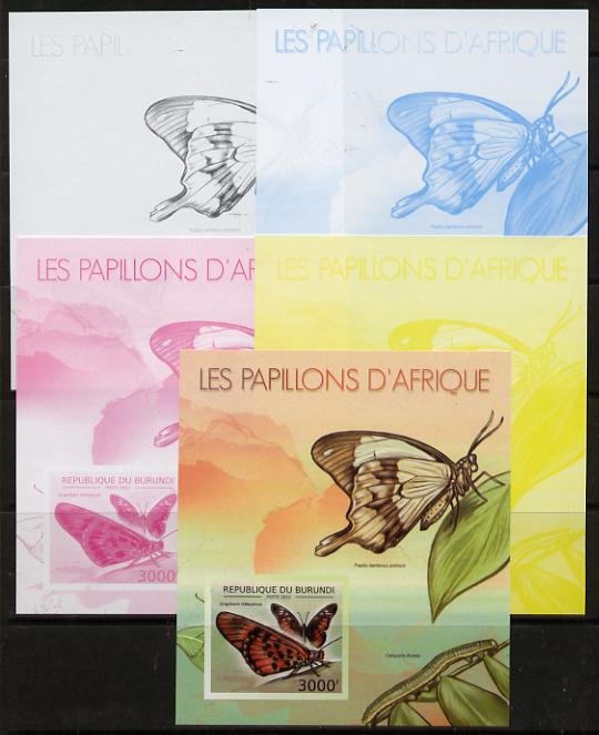 Burundi 2012 Butterflies #3 deluxe sheet - the set of 5 imperf progressive proofs comprising the 4 individual colours plus all 4-colour composite, unmounted mint , stamps on butterflies