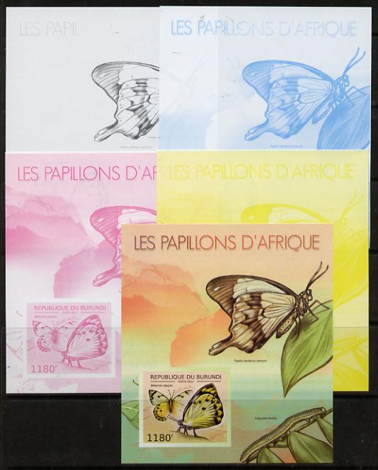 Burundi 2012 Butterflies #4 deluxe sheet - the set of 5 imperf progressive proofs comprising the 4 individual colours plus all 4-colour composite, unmounted mint , stamps on butterflies