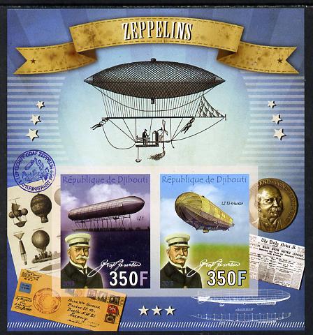 Djibouti 2013 Zeppelins imperf sheetlet containing two values unmounted mint, stamps on aviation, stamps on airships, stamps on zeppelins