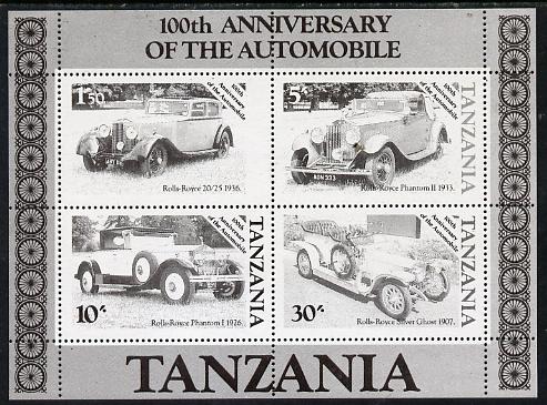 Tanzania 1986 Centenary of Motoring m/sheet unmounted mint perf colour proof in black only (SG MS 460), stamps on cars     rolls-royce