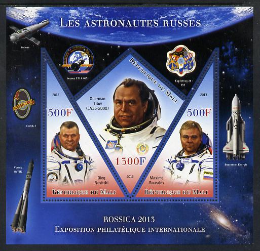Mali 2013 Rossica Stamp Exhibition - Russian Astronauts #12 perf sheetlet containing 3 values (2 triangulars & one diamond shaped) unmounted mint, stamps on stamp exhibitions, stamps on space, stamps on shaped, stamps on triangulars, stamps on diamond, stamps on 