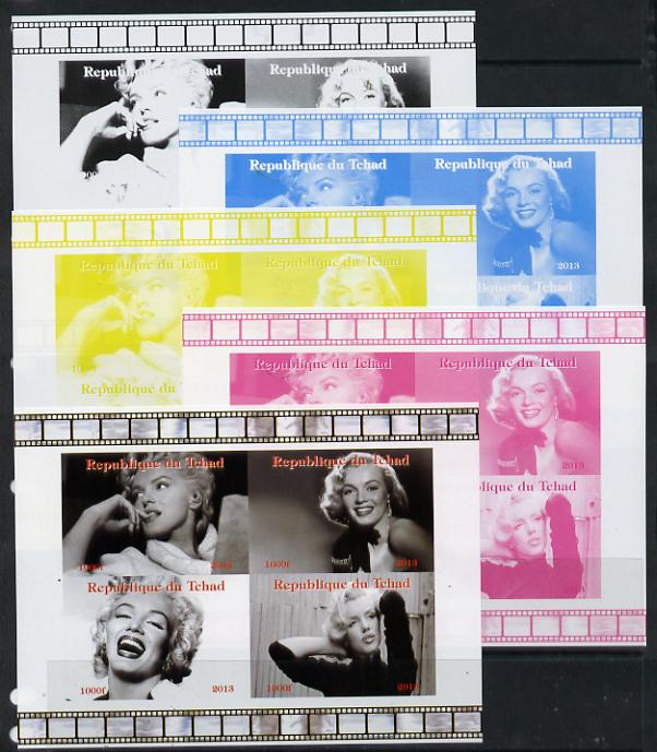 Chad 2013 Marilyn Monroe #1 sheetlet containing 4 vals - the set of 5 imperf progressive colour proofs comprising the 4 basic colours plus all 4-colour composite unmounted mint, stamps on , stamps on  stamps on personalities, stamps on  stamps on films, stamps on  stamps on cinema, stamps on  stamps on movies, stamps on  stamps on music, stamps on  stamps on marilyn, stamps on  stamps on monroe