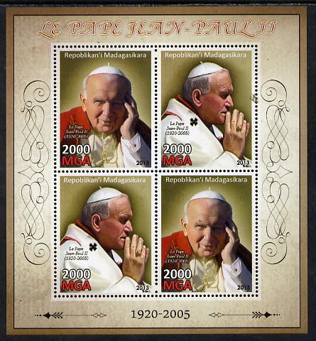 Madagascar 2013 Pope John Paul II perf sheetlet containing 4 values unmounted mint, stamps on personalities, stamps on popes, stamps on pope, stamps on religion