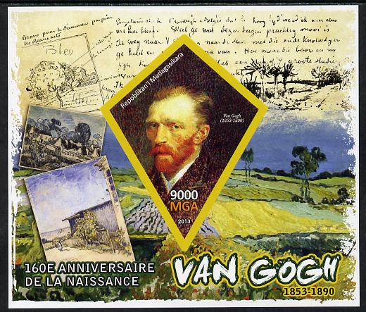 Madagascar 2013 160th Birth Anniversary of Vincent Van Gogh imperf deluxe sheet containing one diamond shaped value unmounted mint, stamps on personalities, stamps on arts, stamps on van gogh, stamps on shaped, stamps on diamond