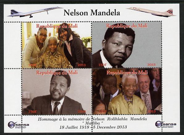Mali 2013 Nelson Mandela #5 perf sheetlet containing four values unmounted mint. Note this item is privately produced and is offered purely on its thematic appeal with Concorde in border, stamps on personalities, stamps on mandela, stamps on nobel, stamps on peace, stamps on racism, stamps on human rights, stamps on aviation, stamps on concorde