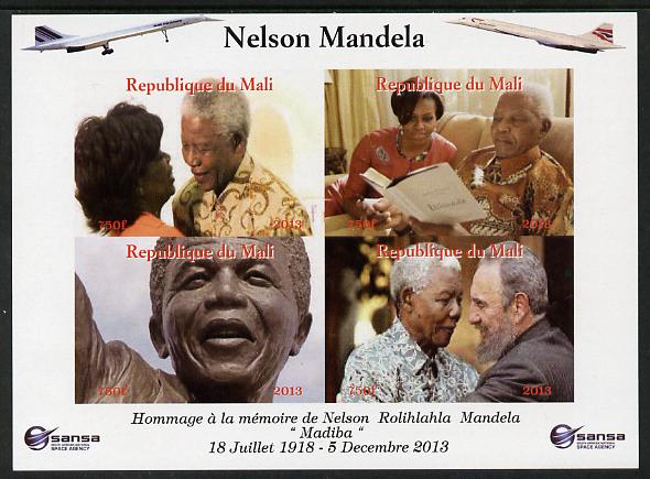 Mali 2013 Nelson Mandela #6 imperf sheetlet containing four values unmounted mint. Note this item is privately produced and is offered purely on its thematic appeal with concorde in border, stamps on personalities, stamps on mandela, stamps on nobel, stamps on peace, stamps on racism, stamps on human rights, stamps on aviation, stamps on concorde