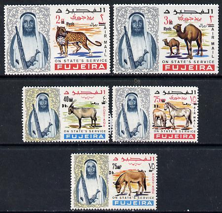 Fujeira 1966 New value opts, 5 perf Animal vals from Birds & Animals Official set unmounted mint (SG O159, 161 &163-165), stamps on animals